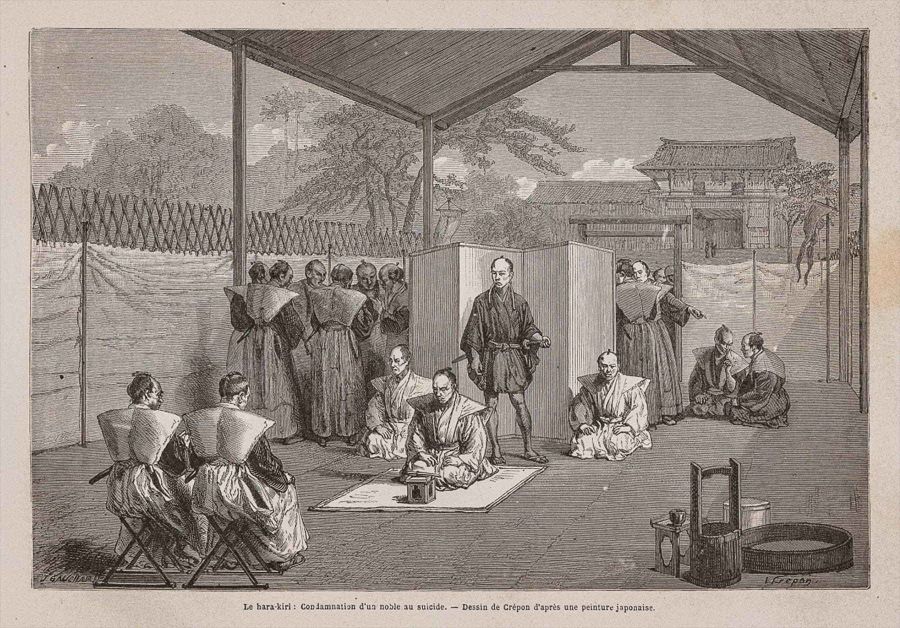 Illustrazione di Crépon del 1867 di un samurai che esegue il seppuku
